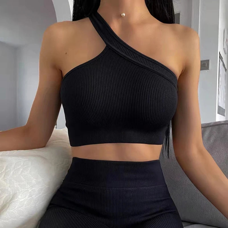 Women Long Sleeve Crop Top + One Shoulder Bra + High Waist Seamless Leggings Sportswear Set