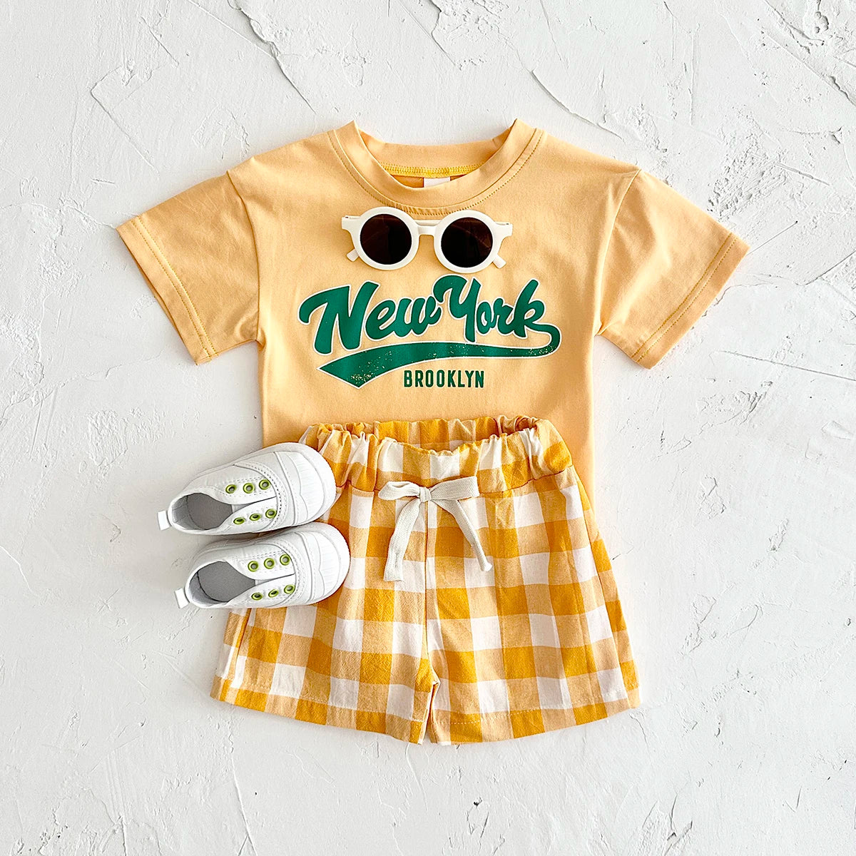 Girls 2Pcs Letter Printed T-shirt+Checkered Shorts