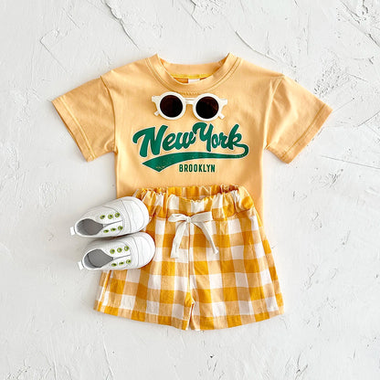 Girls 2Pcs Letter Printed T-shirt+Checkered Shorts