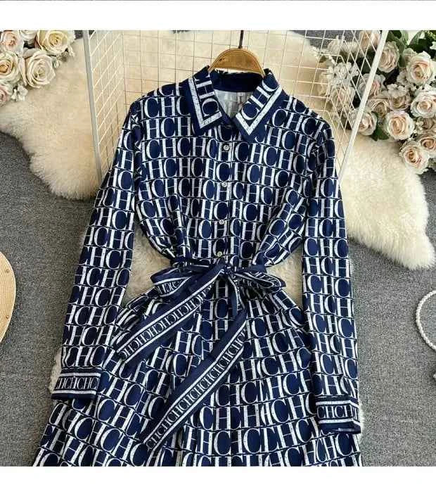 Spring Autumn Korean Sle Long Sve Turn-down Collar Slimming A-line Printed irt Dr Retro Maturi Waist-cinching