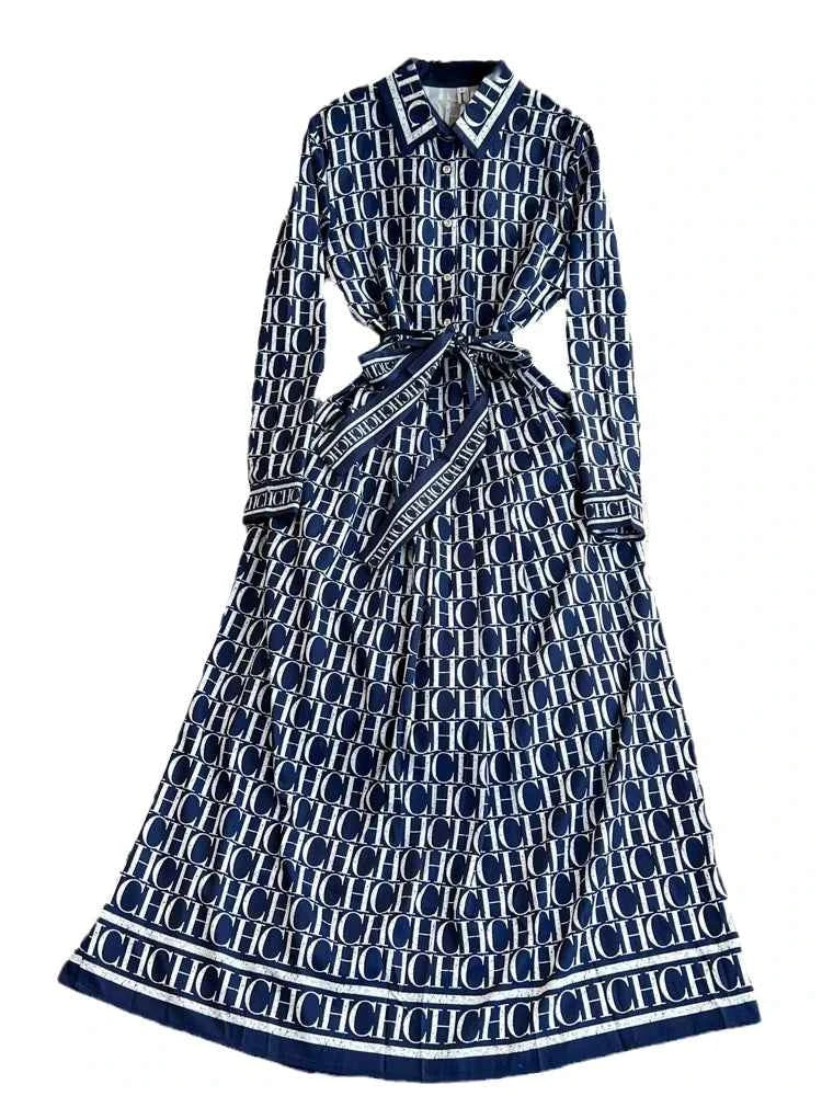 Spring Autumn Korean Sle Long Sve Turn-down Collar Slimming A-line Printed irt Dr Retro Maturi Waist-cinching