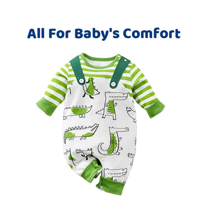 Spring And Autumn Unisex Cute Cartoon Strap Crocodile Printed Cotton Comfortable Long Sleeve Baby Bodysuit