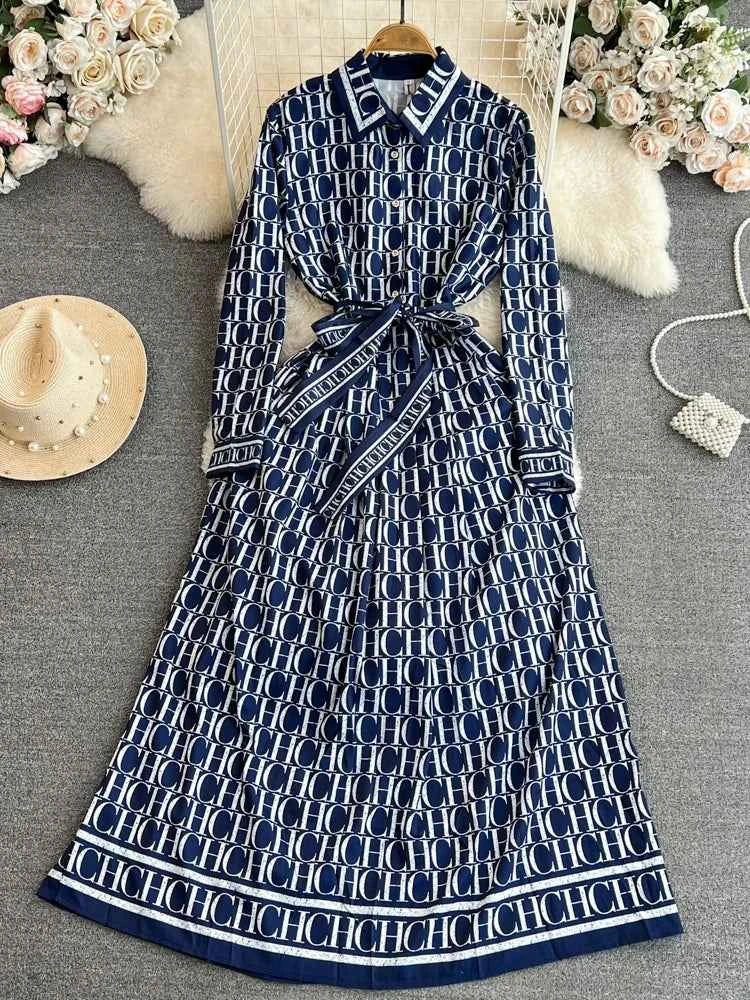 Spring Autumn Korean Sle Long Sve Turn-down Collar Slimming A-line Printed irt Dr Retro Maturi Waist-cinching