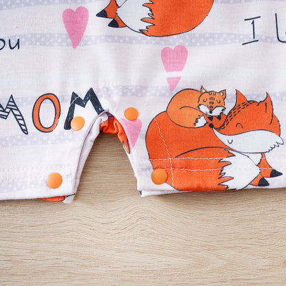 Adorable Baby Fox Print I Love You Mommy Bodysuit Short Sleeve Romper