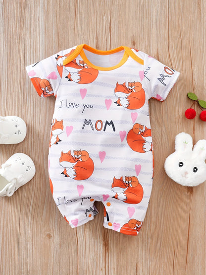 Adorable Baby Fox Print I Love You Mommy Bodysuit Short Sleeve Romper