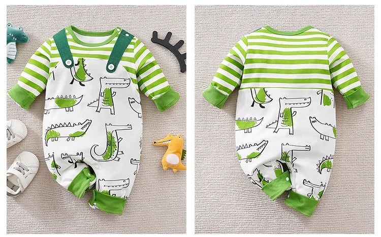 Spring And Autumn Unisex Cute Cartoon Strap Crocodile Printed Cotton Comfortable Long Sleeve Baby Bodysuit