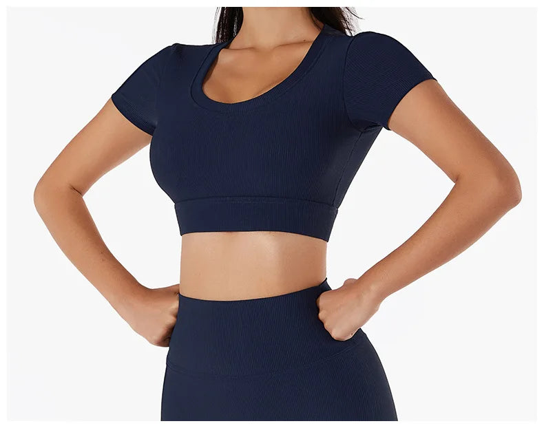 Women Hight Waist Seamless Sports Shorts + Sport Crop Top Set