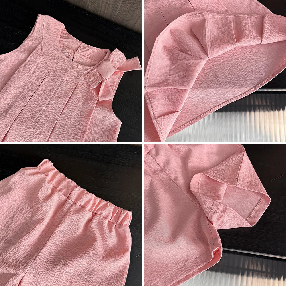 Sweet Pink Girls Summer Outfit - Sleeveless Bow Decoration Pleated Vest + Shorts 2Pcs Casual Set