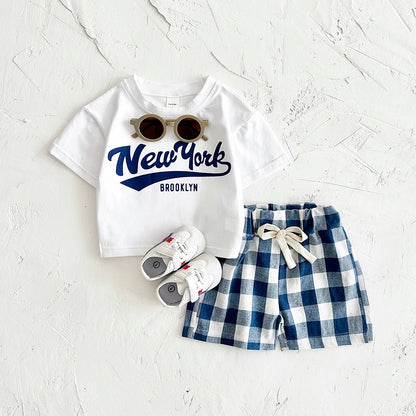 Girls 2Pcs Letter Printed T-shirt+Checkered Shorts