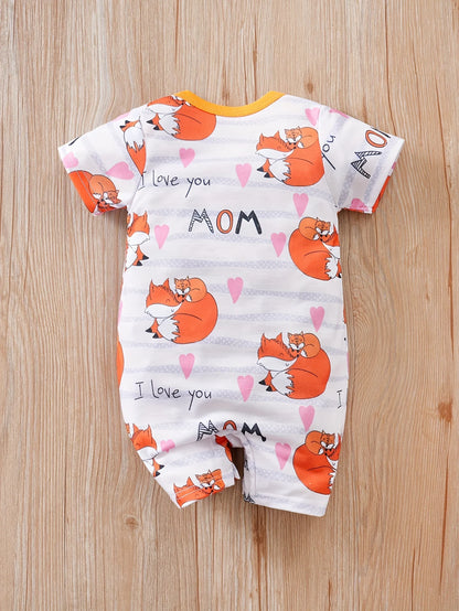 Adorable Baby Fox Print I Love You Mommy Bodysuit Short Sleeve Romper