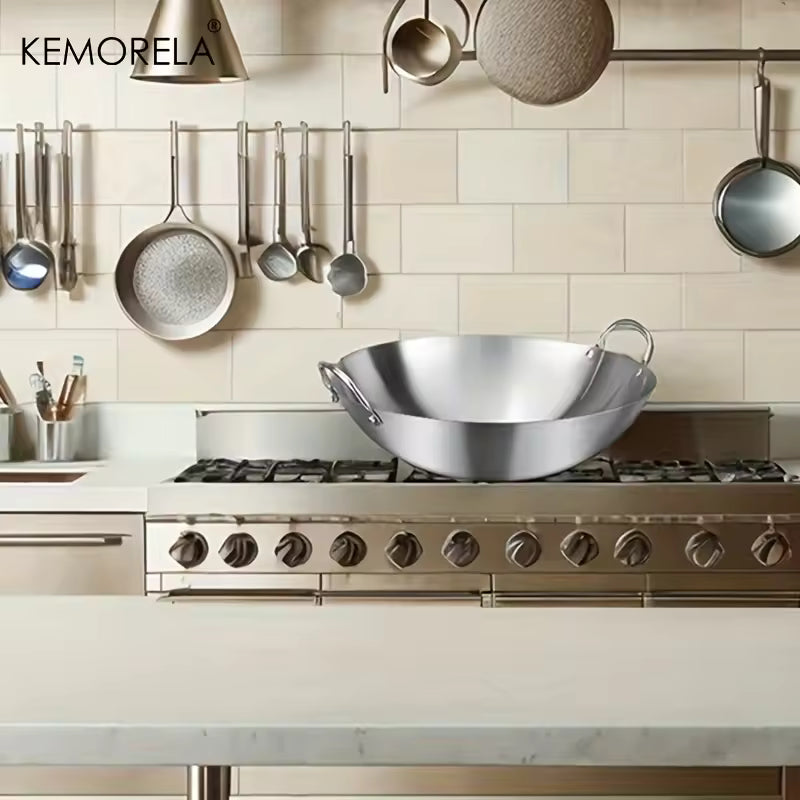 KEMORELA 1PCS Stainless Steel Wok Uncoated 26/28/30/32/34cm High Quality Double Handle Chef Pan for Home Stir-fried Beef Cooking