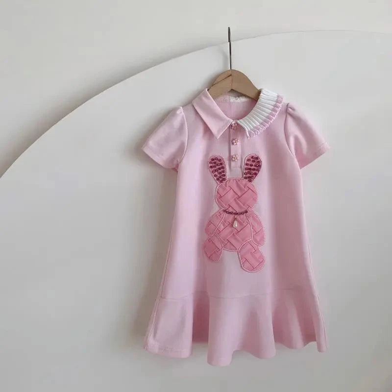 Children's Pink Polo Korean Version Casual Rabbit Dress