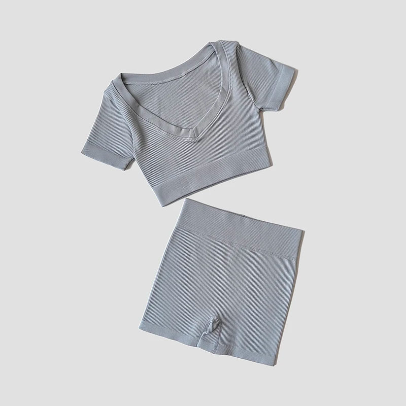 Women Hight Waist Seamless Sports Shorts + Sport Crop Top Set