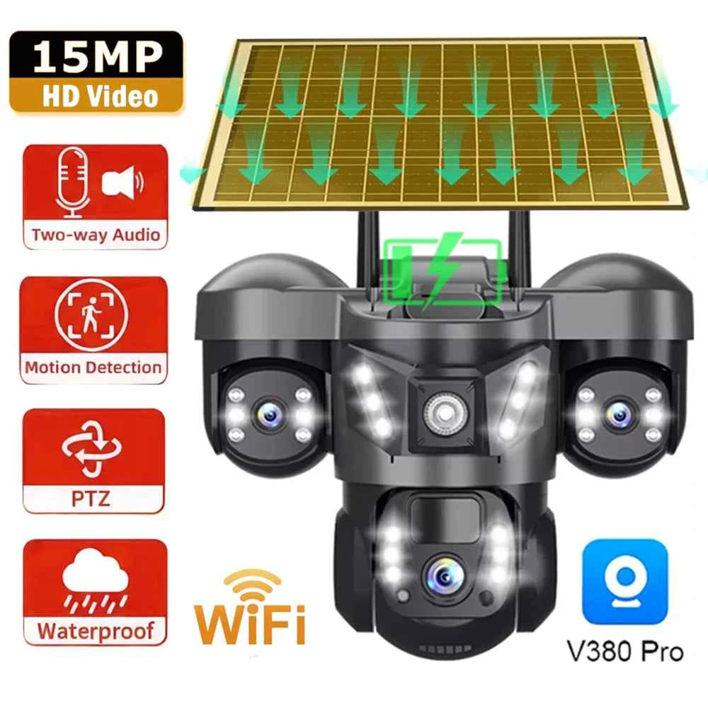 15MP Pro Wifi Solar  Security  Camera Triple Lens 10X Zoom Auto Tracking Outdoor Two way Audio Waterproof Cam
