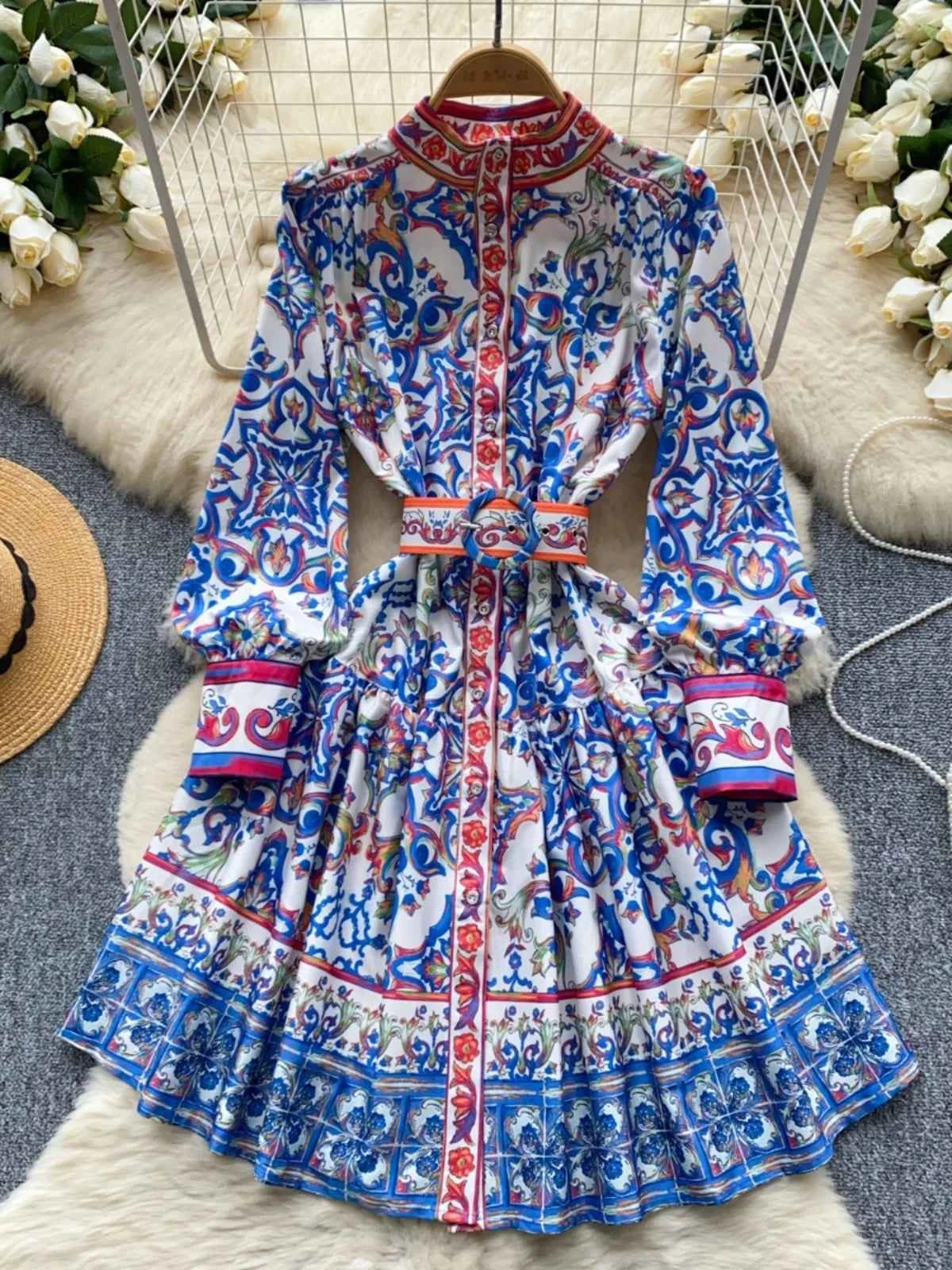 Long Lantern Sleeve Floral Print Short Shirt Dress