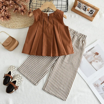 Girls Summer Outfit - Khaki Vest + Striped Wide Leg Pants Two-piece Set