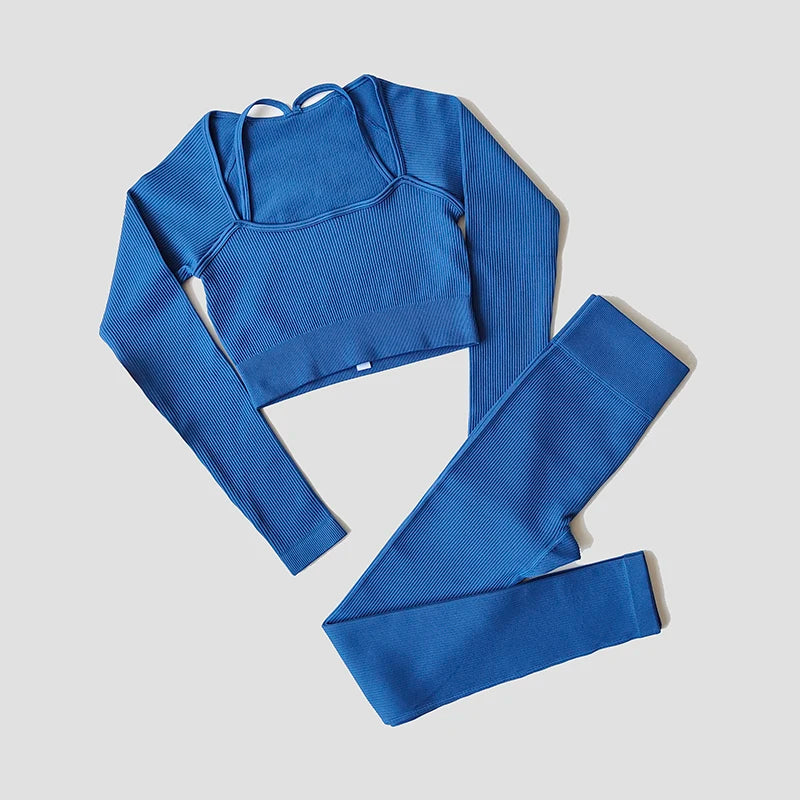 Women Long Sleeve Crop Top + One Shoulder Bra + High Waist Seamless Leggings Sportswear Set