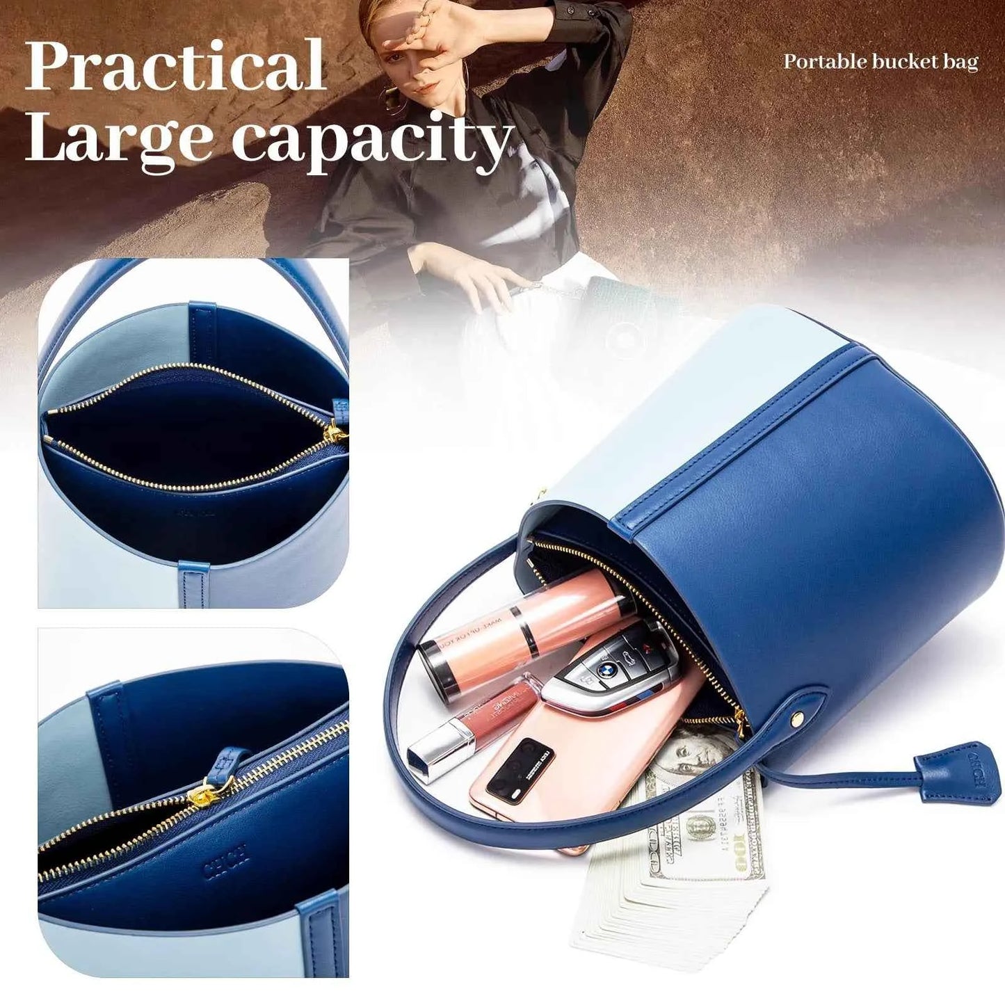 CHCH Two-tone Leather Bucket Handbag