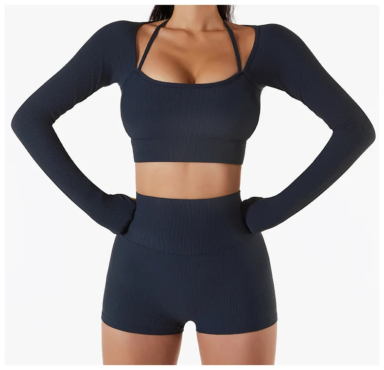 Women Long Sleeve Crop Top + One Shoulder Bra + High Waist Seamless Leggings Sportswear Set