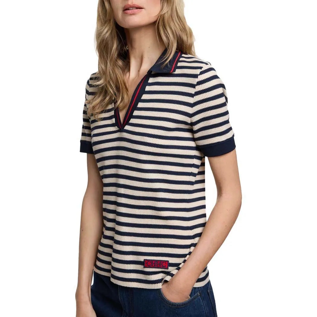 CH Women Stripe Knitted Chic Short Sleeve Polo Shirt