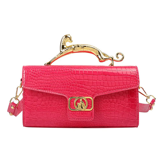 Metal Handle Crocodile Textured Crossbody Bag