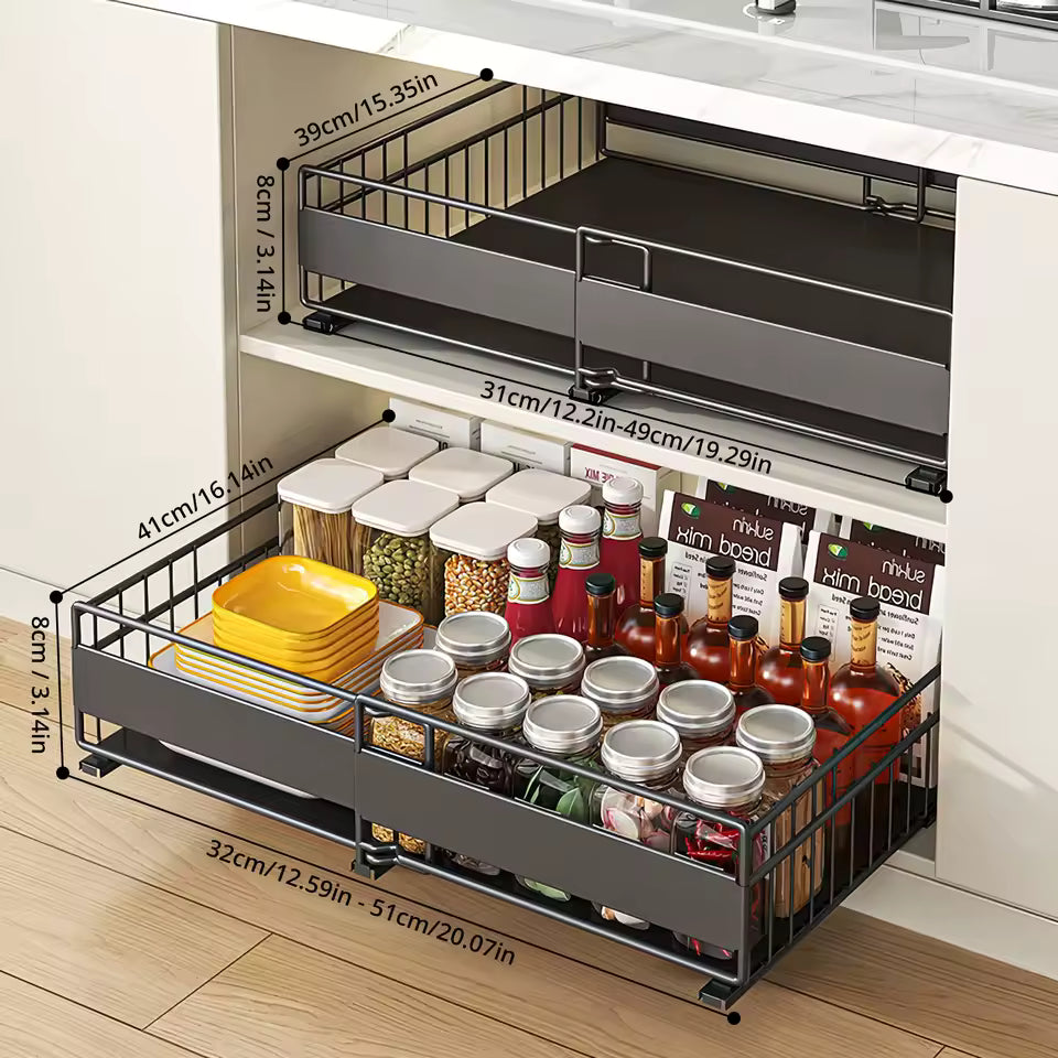 2 Pack Expandable Pull Out Cabinet Organizer,3 Slide Rails Slide Out Drawers, Roll Out Shelves Adhesive,Adjustable Width