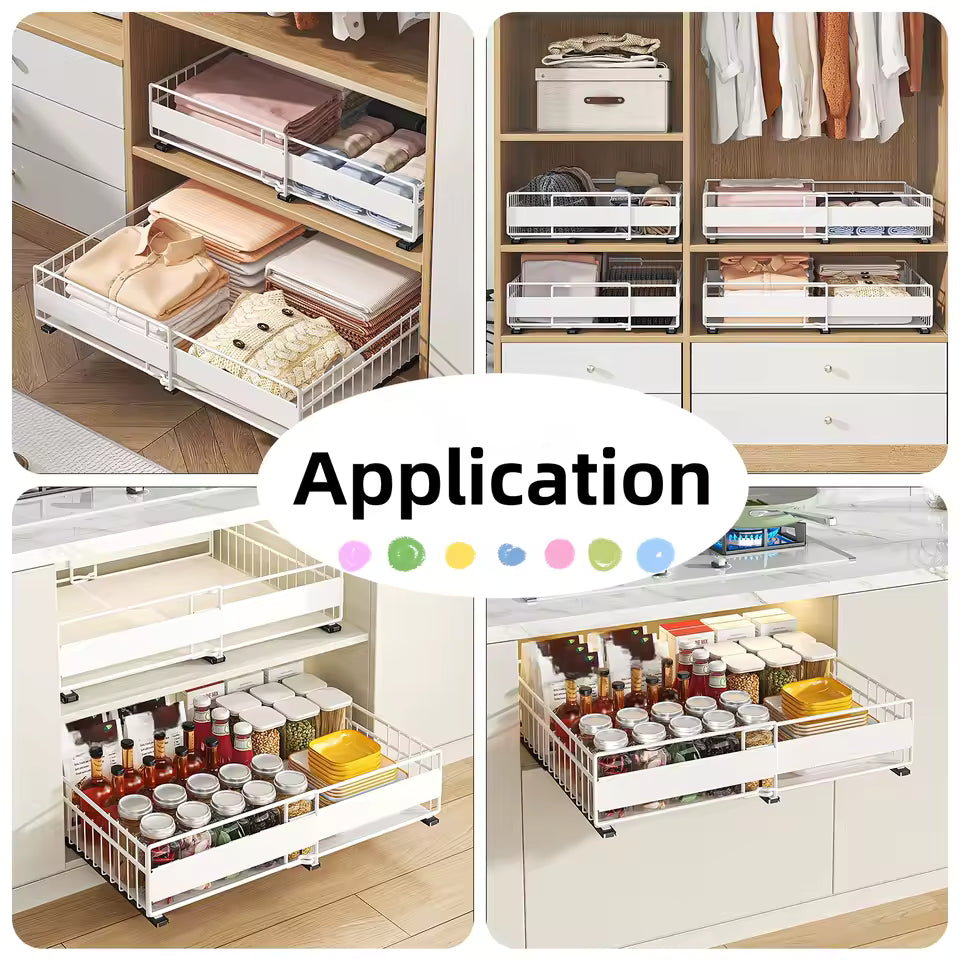 2 Pack Expandable Pull Out Cabinet Organizer,3 Slide Rails Slide Out Drawers, Roll Out Shelves Adhesive,Adjustable Width
