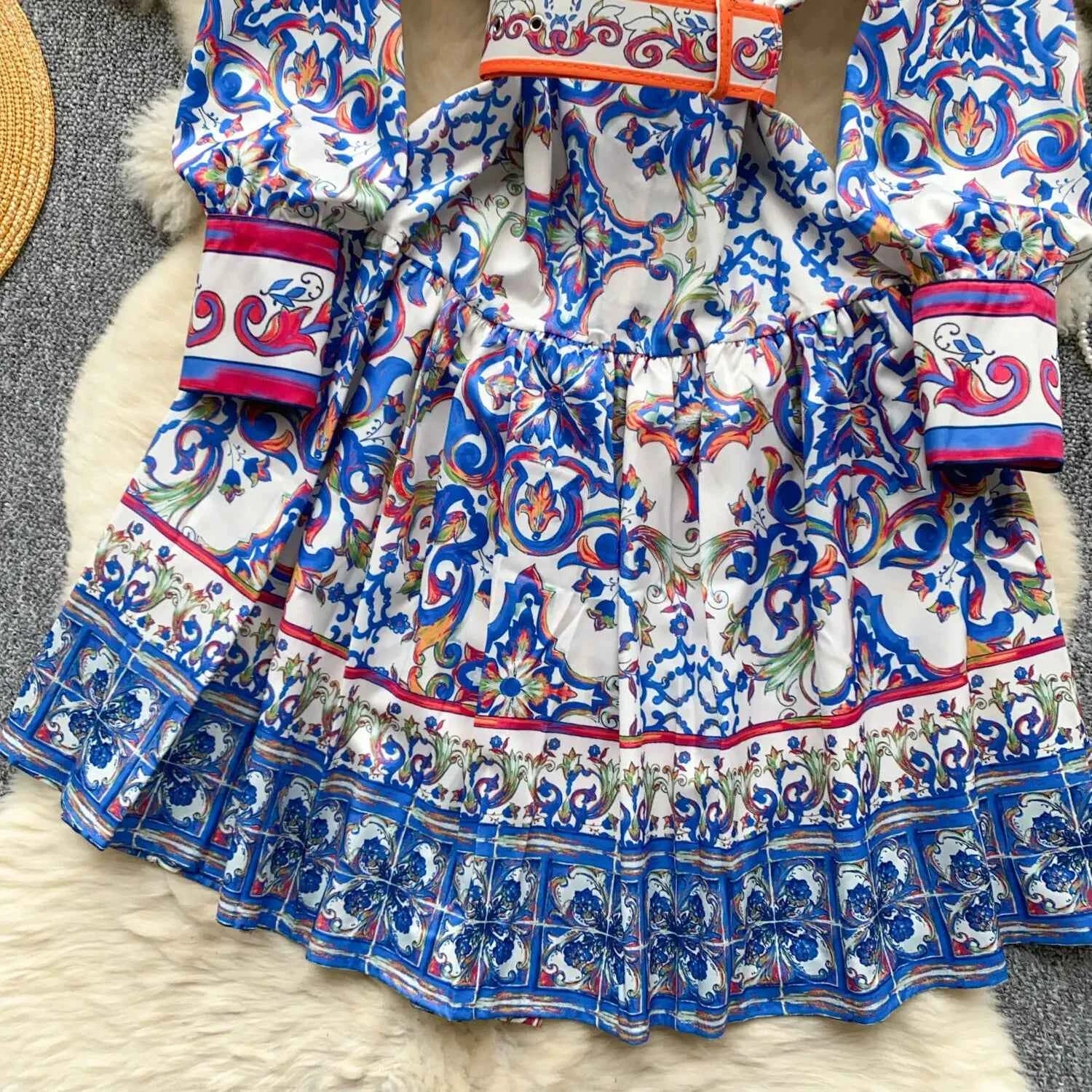 Long Lantern Sleeve Floral Print Short Shirt Dress