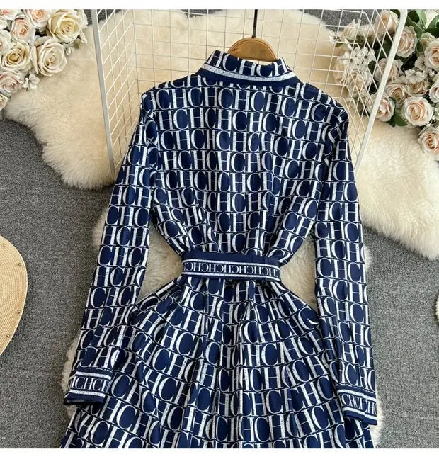 Spring Autumn Korean Sle Long Sve Turn-down Collar Slimming A-line Printed irt Dr Retro Maturi Waist-cinching