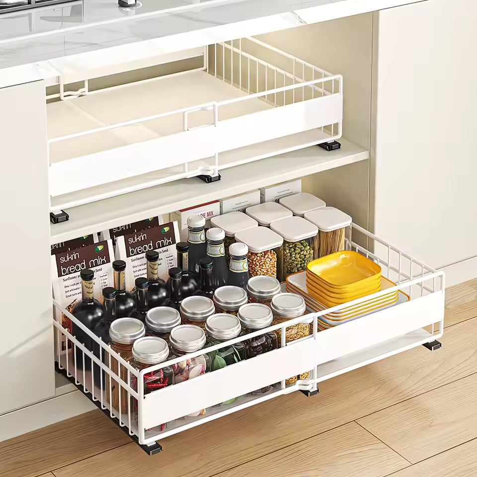 2 Pack Expandable Pull Out Cabinet Organizer,3 Slide Rails Slide Out Drawers, Roll Out Shelves Adhesive,Adjustable Width