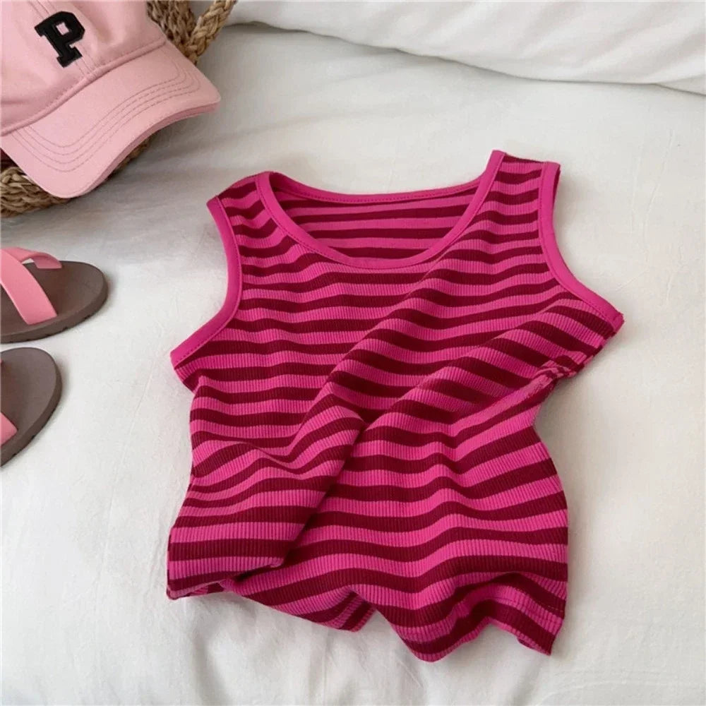 Summer Casual Clothes Suit - Sleeveless Striped Vest + Denim Overalls 2-piece Set