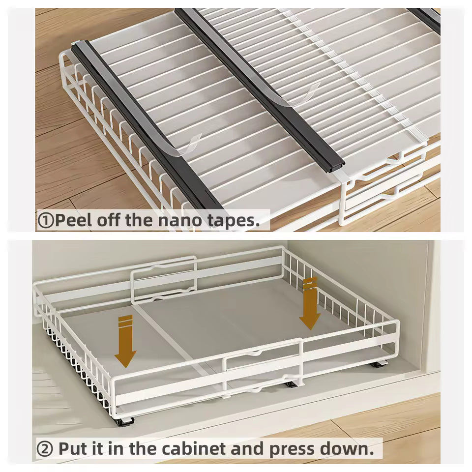 2 Pack Expandable Pull Out Cabinet Organizer,3 Slide Rails Slide Out Drawers, Roll Out Shelves Adhesive,Adjustable Width