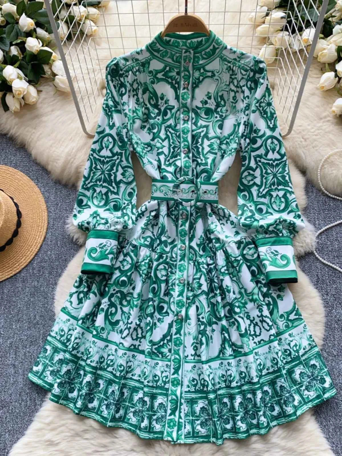 Long Lantern Sleeve Floral Print Short Shirt Dress