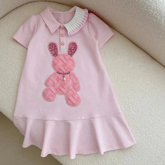 Children's Pink Polo Neck Princess Korean Version Casual Rabbit Dress