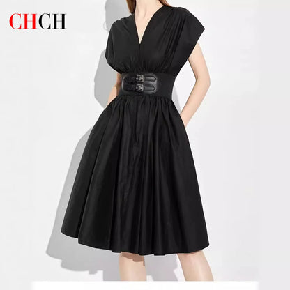 CH V-neck High Waist Slim Black Midi Dress