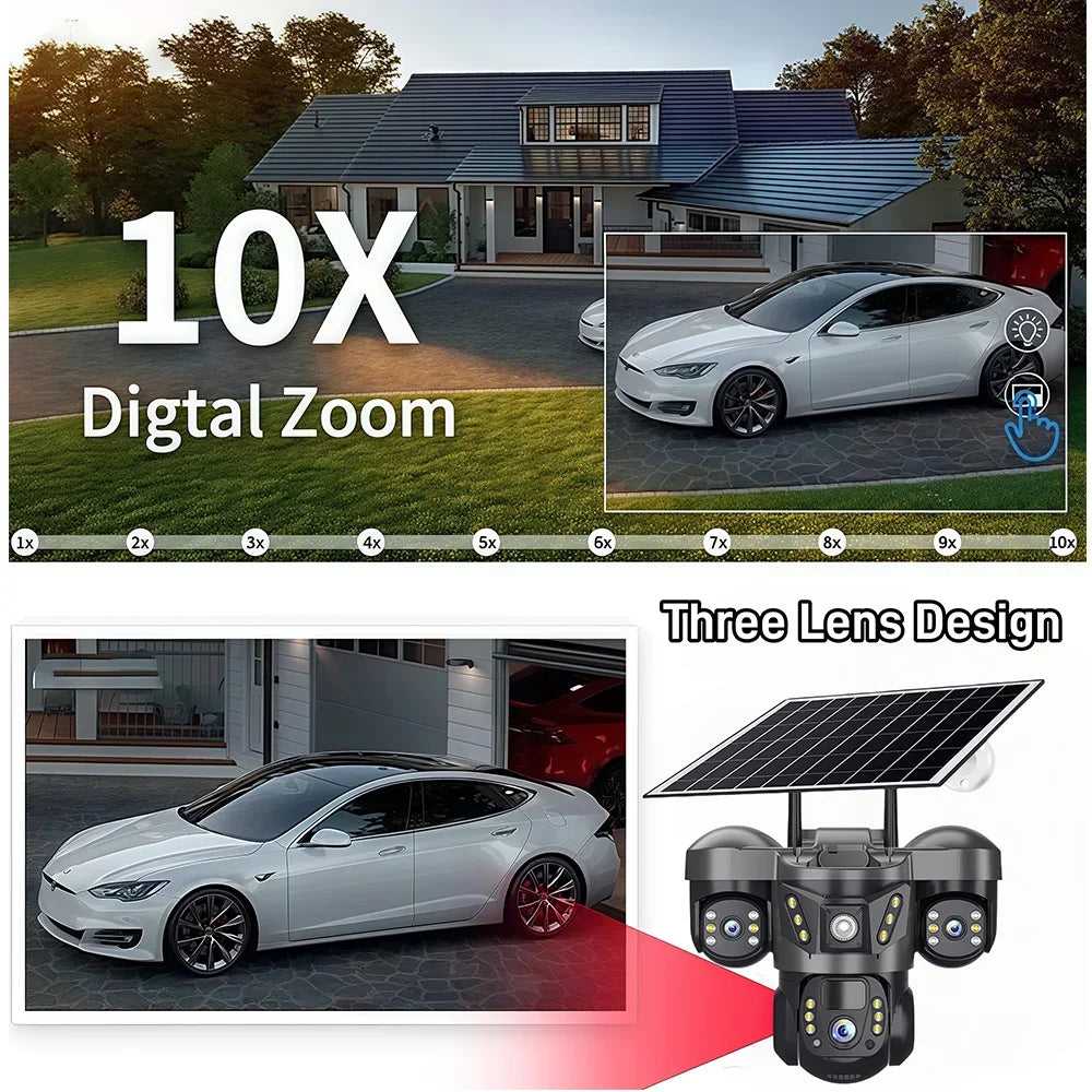 15MP Pro Wifi Solar  Security  Camera Triple Lens 10X Zoom Auto Tracking Outdoor Two way Audio Waterproof Cam
