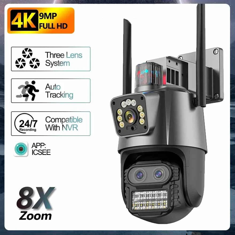 4K 9MP WIFI Three Lens Dual Screen Surveillance Camera 8X Hybrid Zoom Auto Tracking NVR