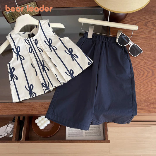 Summer New Korean Version Girls' Suit Striped Bow Printed Sleeveless Top + Wide Leg Pants 2Pcs Set