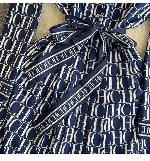 Spring Autumn Korean Sle Long Sve Turn-down Collar Slimming A-line Printed irt Dr Retro Maturi Waist-cinching