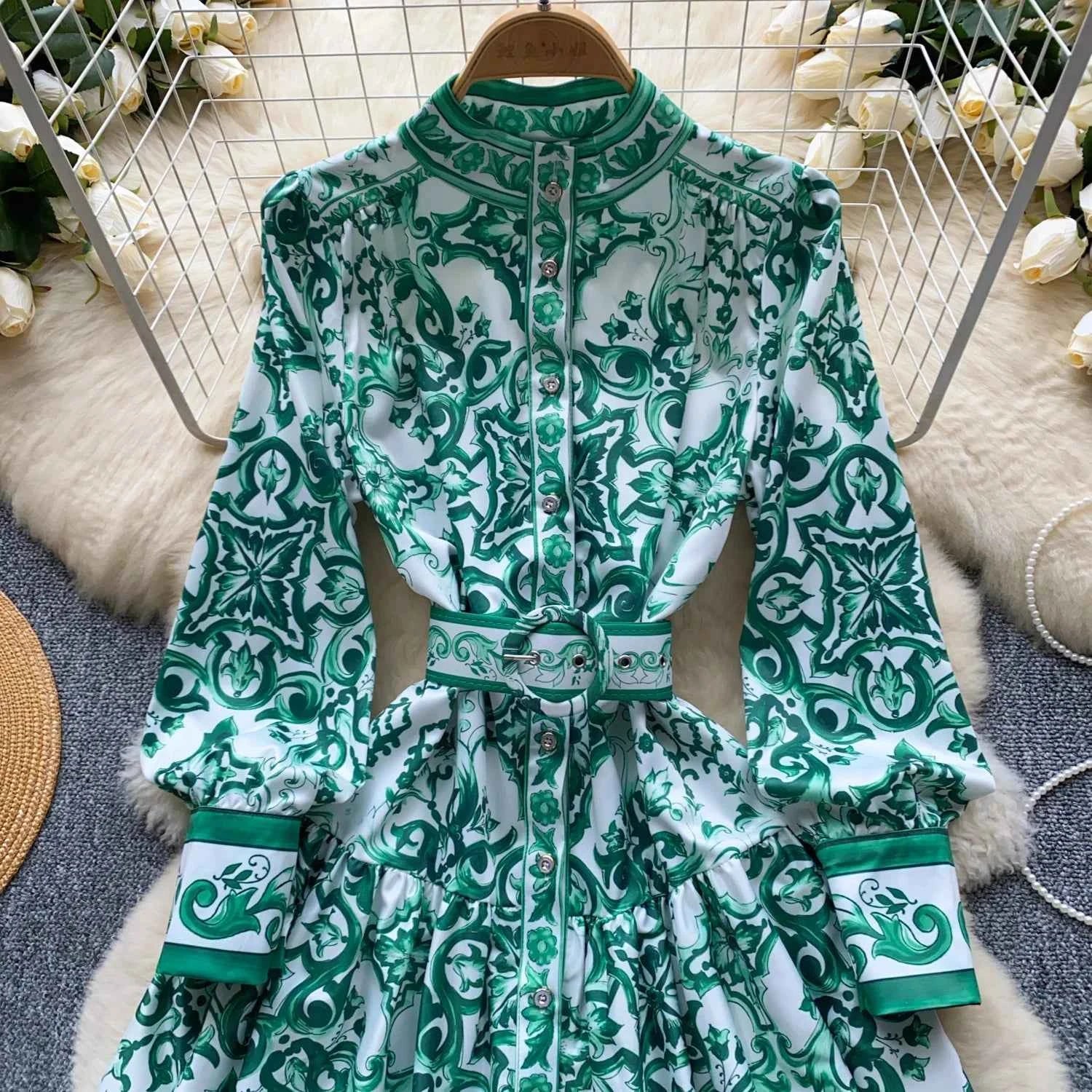 Long Lantern Sleeve Floral Print Short Shirt Dress