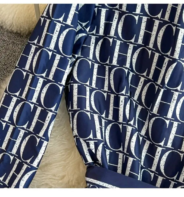 Spring Autumn Korean Sle Long Sve Turn-down Collar Slimming A-line Printed irt Dr Retro Maturi Waist-cinching