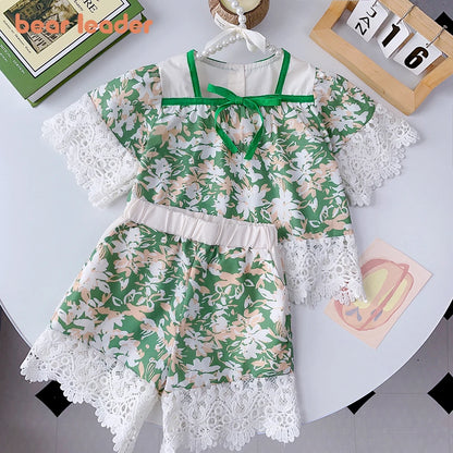 Girls Flower Lace Top + Shorts 2Piece Set