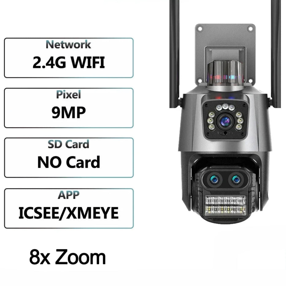4K 9MP WIFI Three Lens Dual Screen Surveillance Camera 8X Hybrid Zoom Auto Tracking NVR