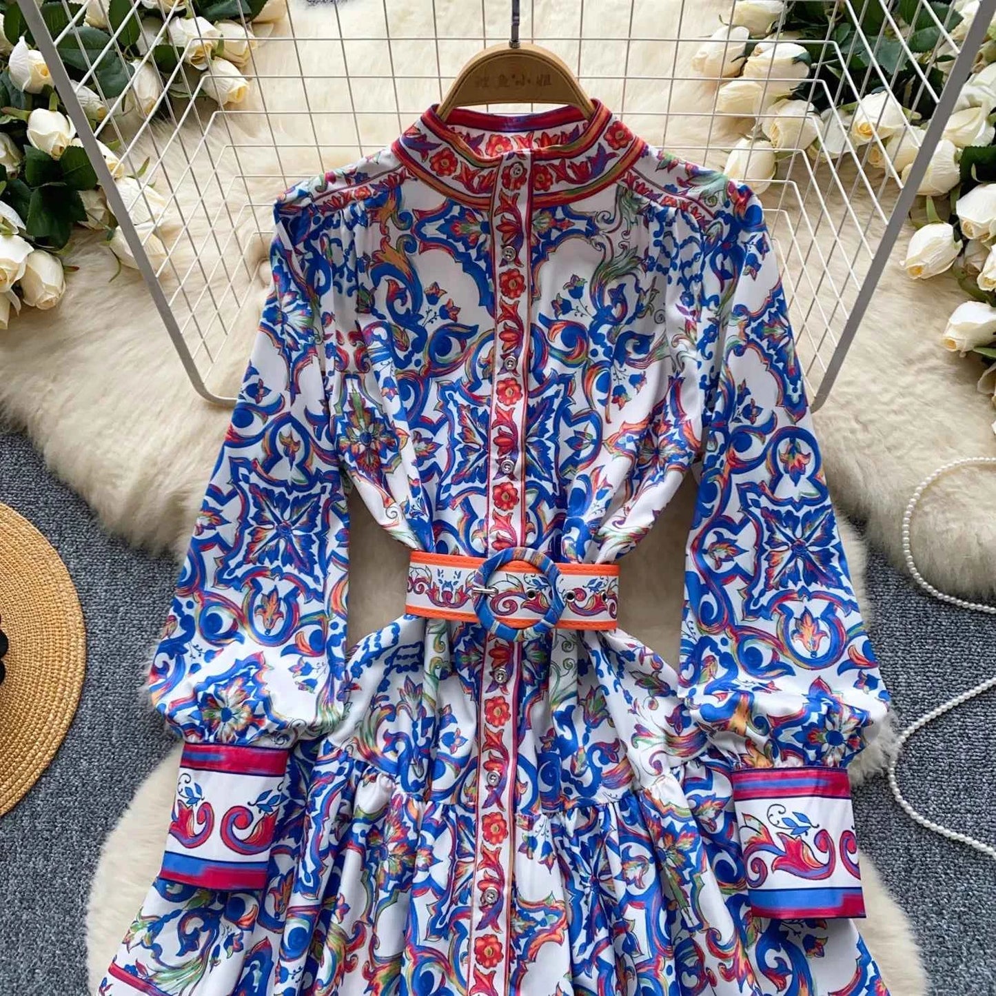 Long Lantern Sleeve Floral Print Short Shirt Dress