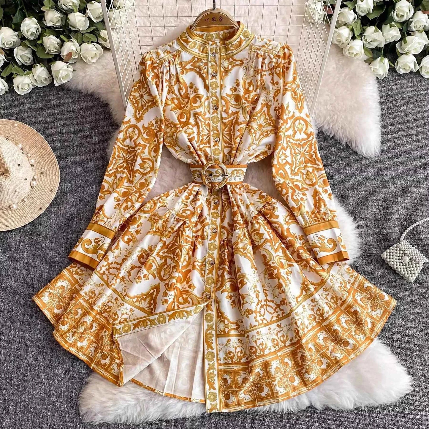 Long Lantern Sleeve Floral Print Short Shirt Dress