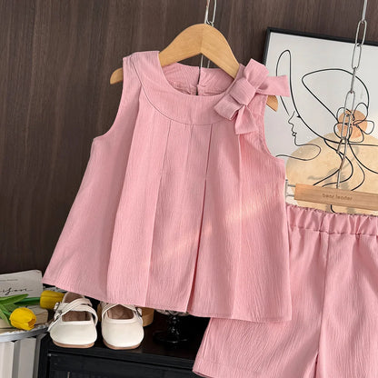 Sweet Pink Girls Summer Outfit - Sleeveless Bow Decoration Pleated Vest + Shorts 2Pcs Casual Set