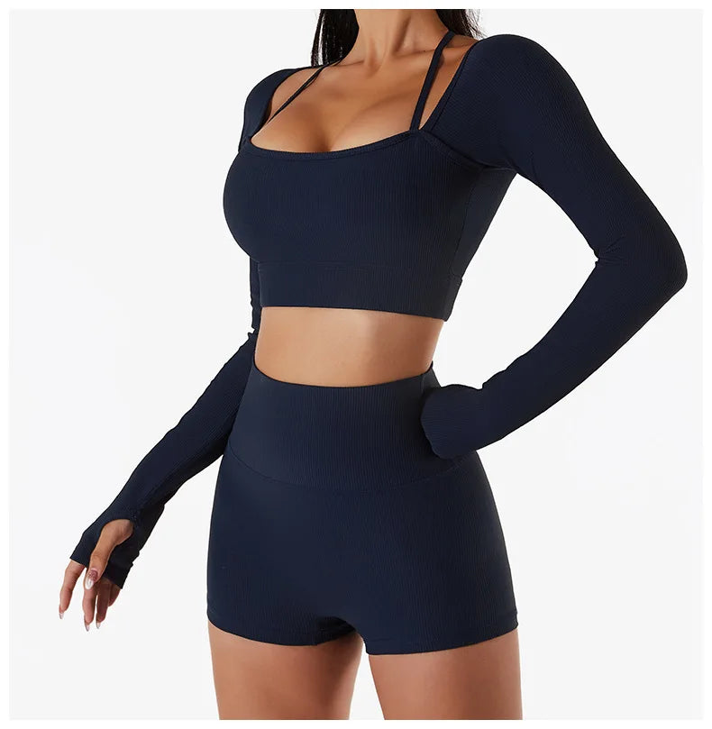 Women Long Sleeve Crop Top + One Shoulder Bra + High Waist Seamless Leggings Sportswear Set