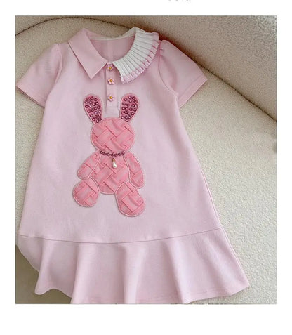 Children's Pink Polo Korean Version Casual Rabbit Dress