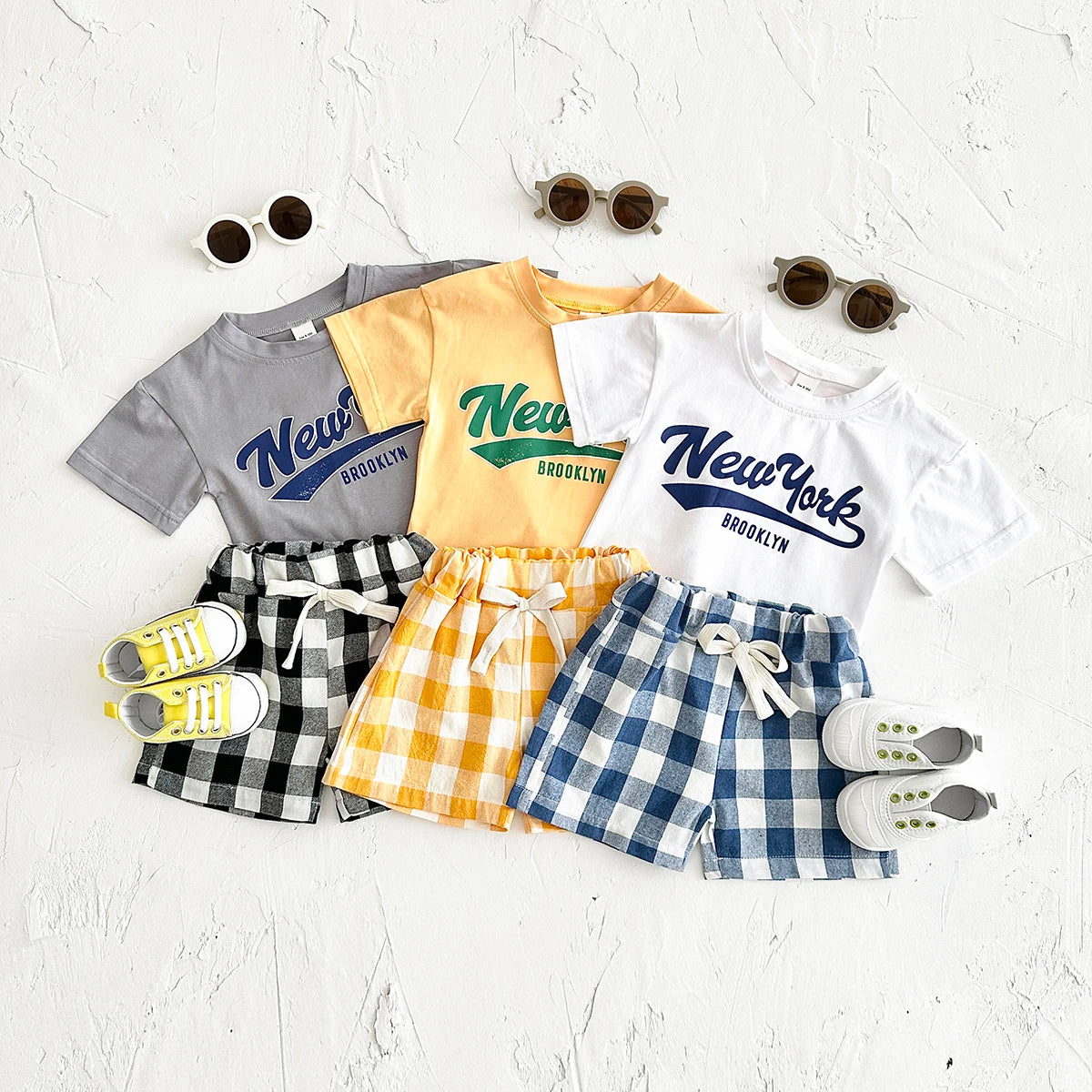 Girls 2Pcs Letter Printed T-shirt+Checkered Shorts