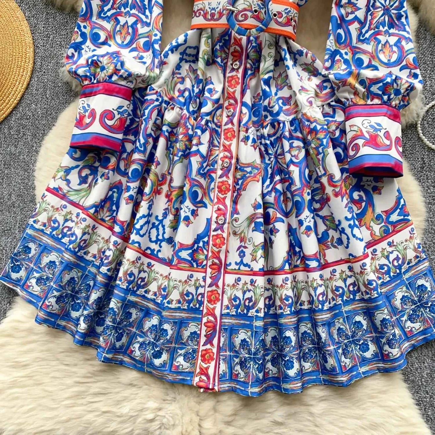 Long Lantern Sleeve Floral Print Short Shirt Dress